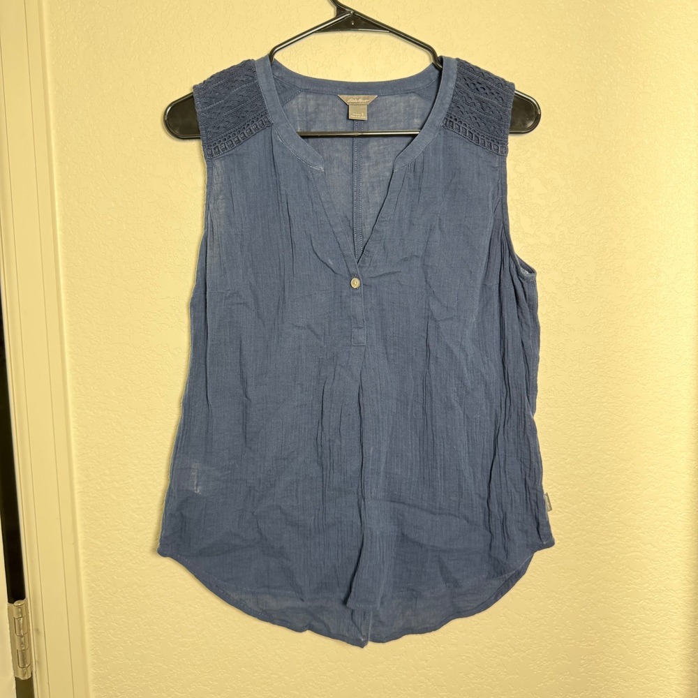 Eddie Bauer Tank Top Women Small Blue Cotton Gauze Crochet Lace Boho Sleeveless‎